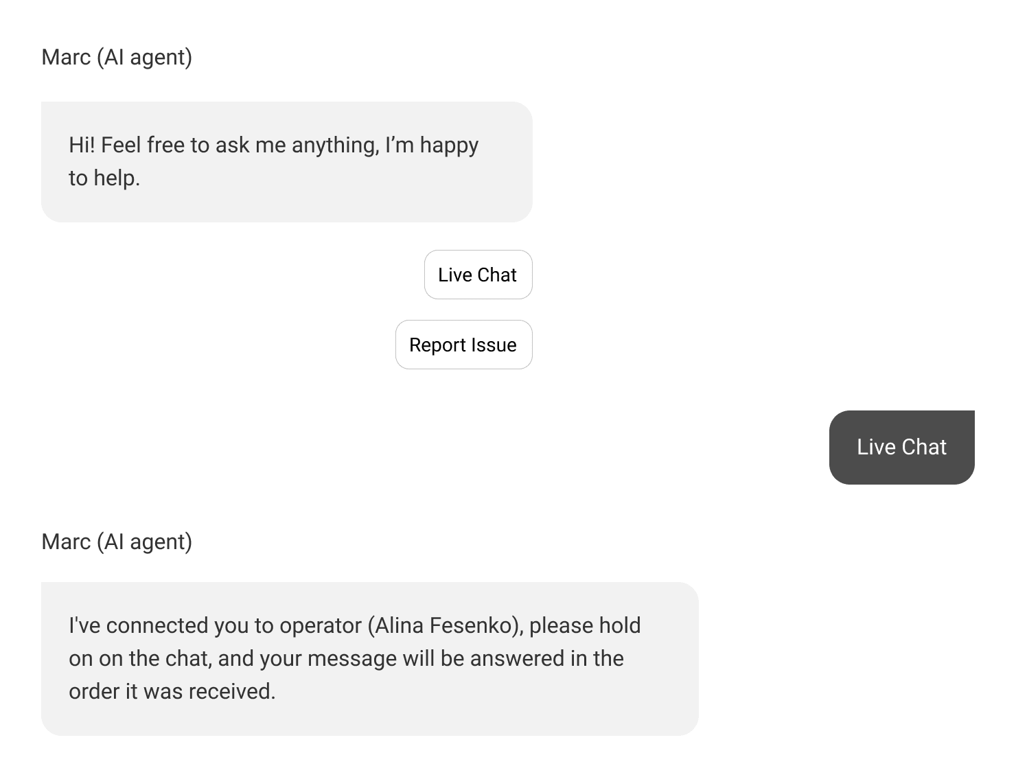 Intelswift AI chatbot transferring conversation to a human agent