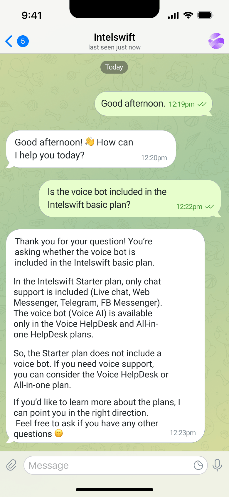 Intelswift Telegram chat integration